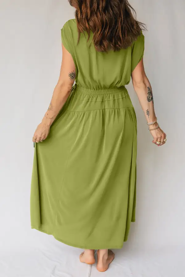 Fern Solid V Neck Cap Sleeve Tunic Elastic Waist