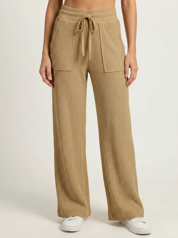Women's Casual Waffle Knit Drawstring Wide Leg Pants