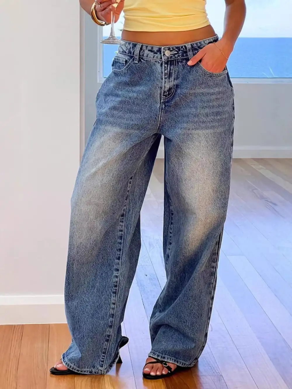 Pocketed Wide Leg Jeans Denim Pants For Women
