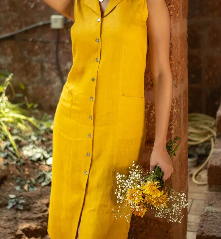 Mustard Linen Notch-Collar Dress