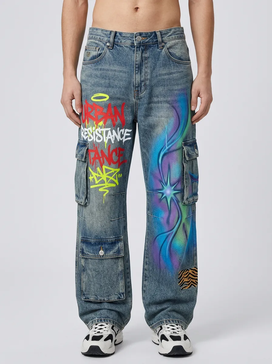 Men's Streetwear Urban Resistance Graffiti Airbrush Graphic Cargo Jeans