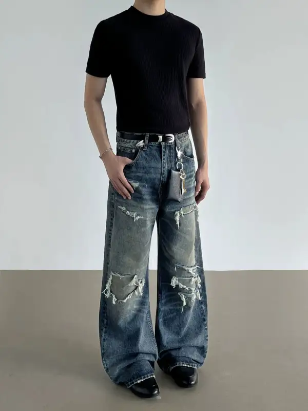 Distressed Wide-Leg Washed Jeans