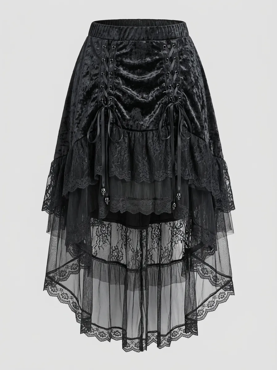 Noir Lace Velvet Ruffle Design Women's Gothic High-Low Skirt