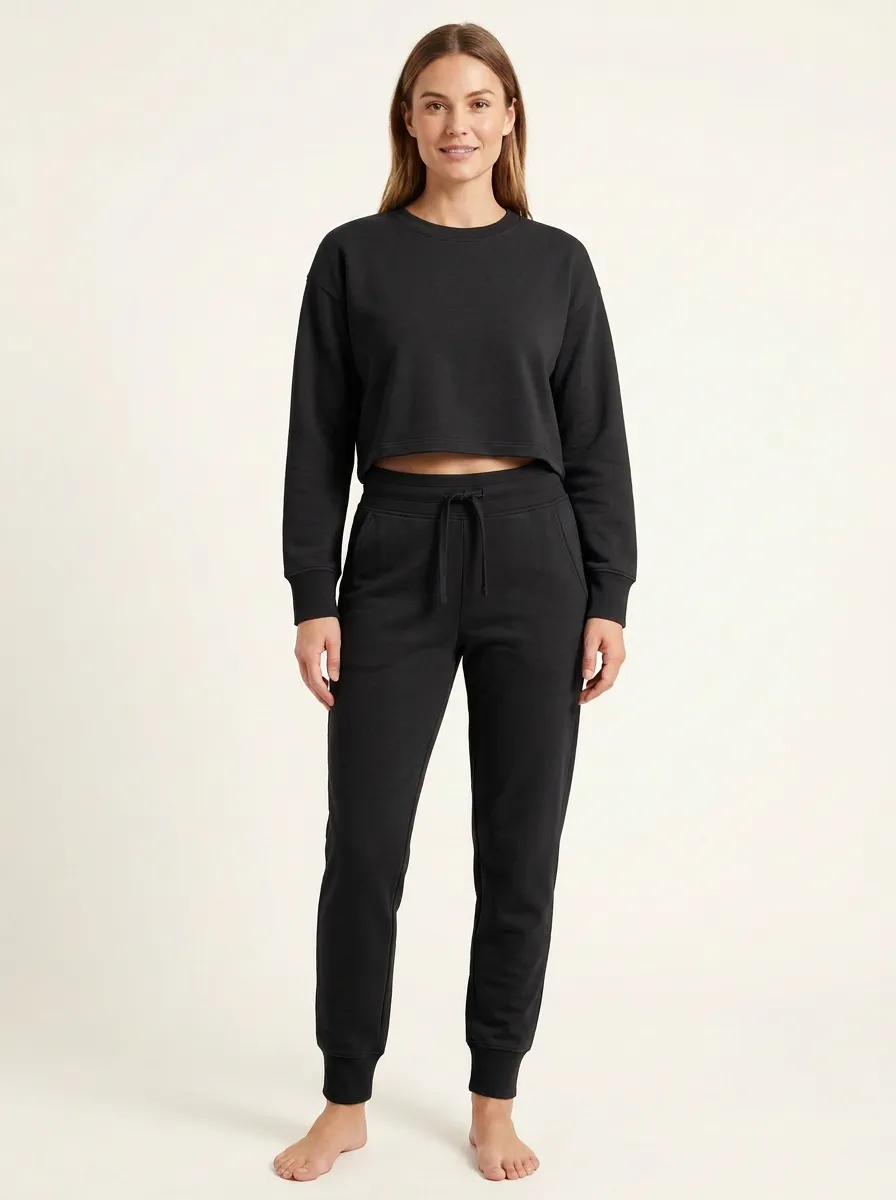 Women's Boxy Cropped Crewneck Drawstring Jogger Set