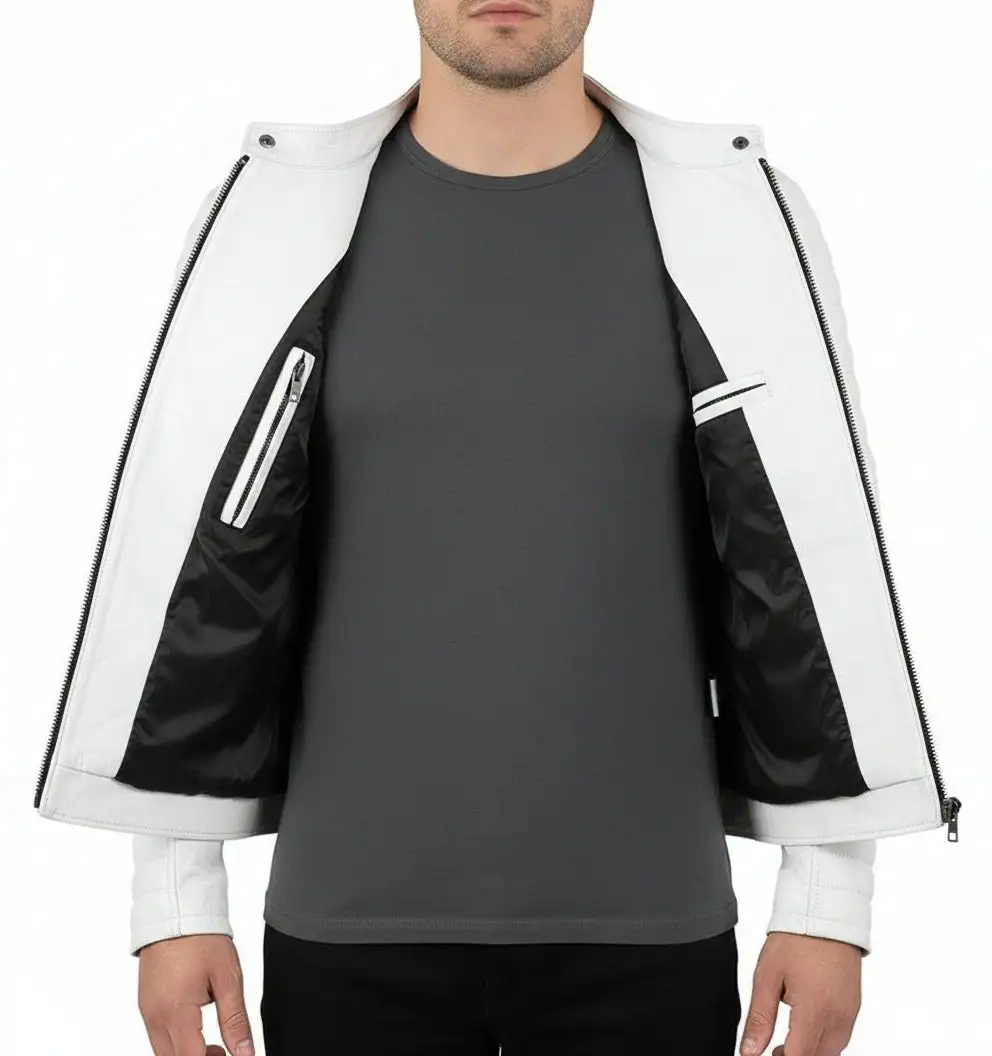 Refined Leather Biker Motorcycle Stand Collar Jacket