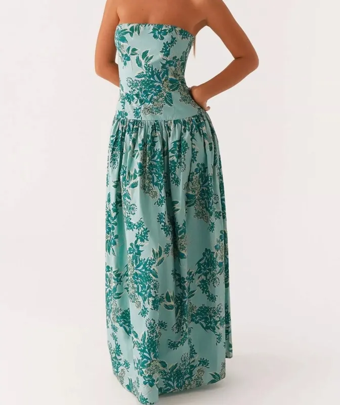 Ruched Printed Tube Maxi Dress