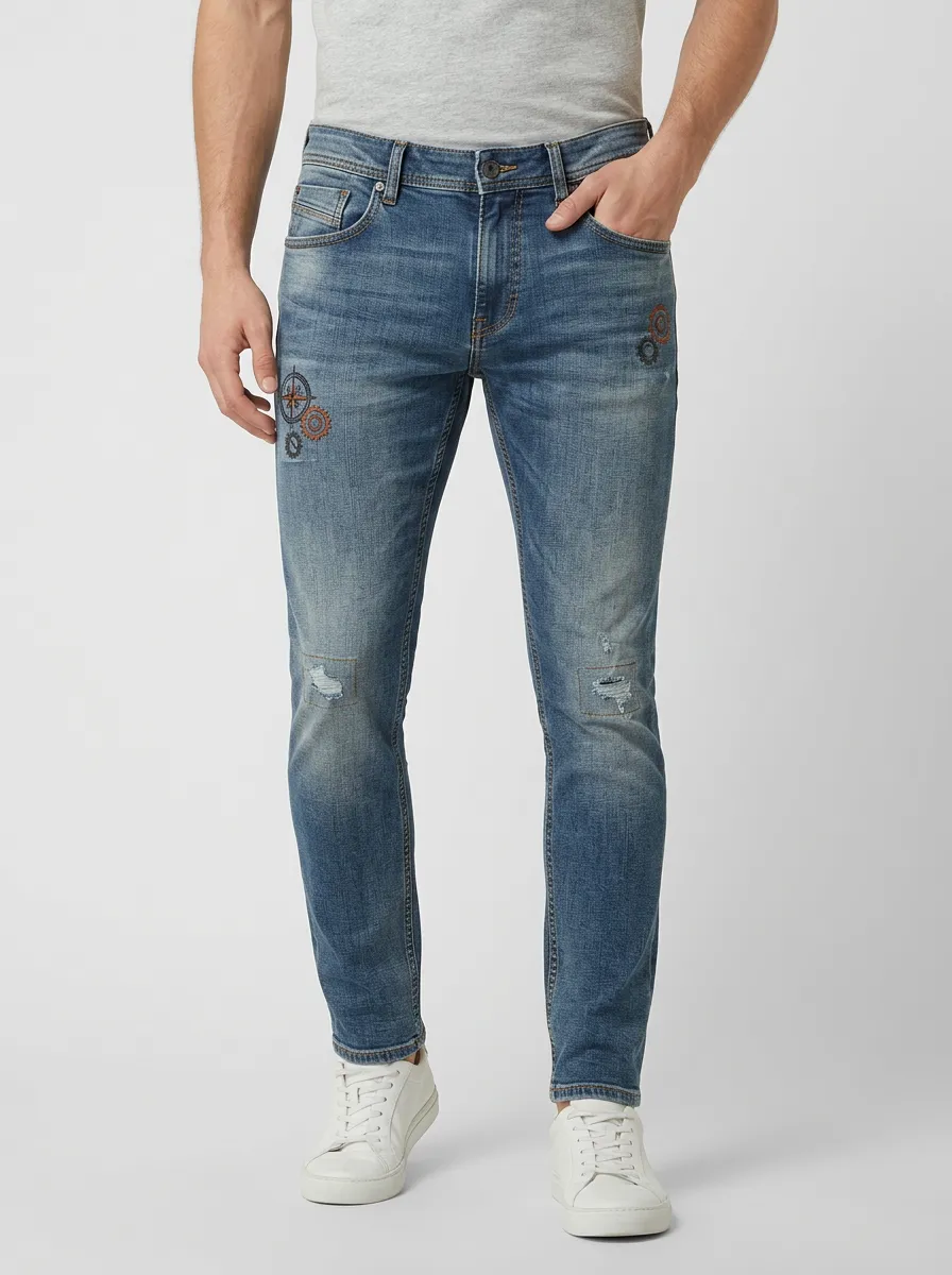 Men's Steampunk Gear Compass Embroidered Printed Slim-Fit Jeans