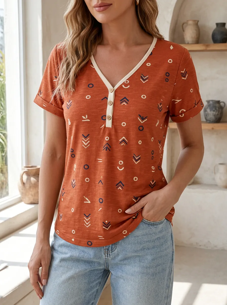 Women's Boho Geometric Pattern Printed V-Neck Button T-Shirt