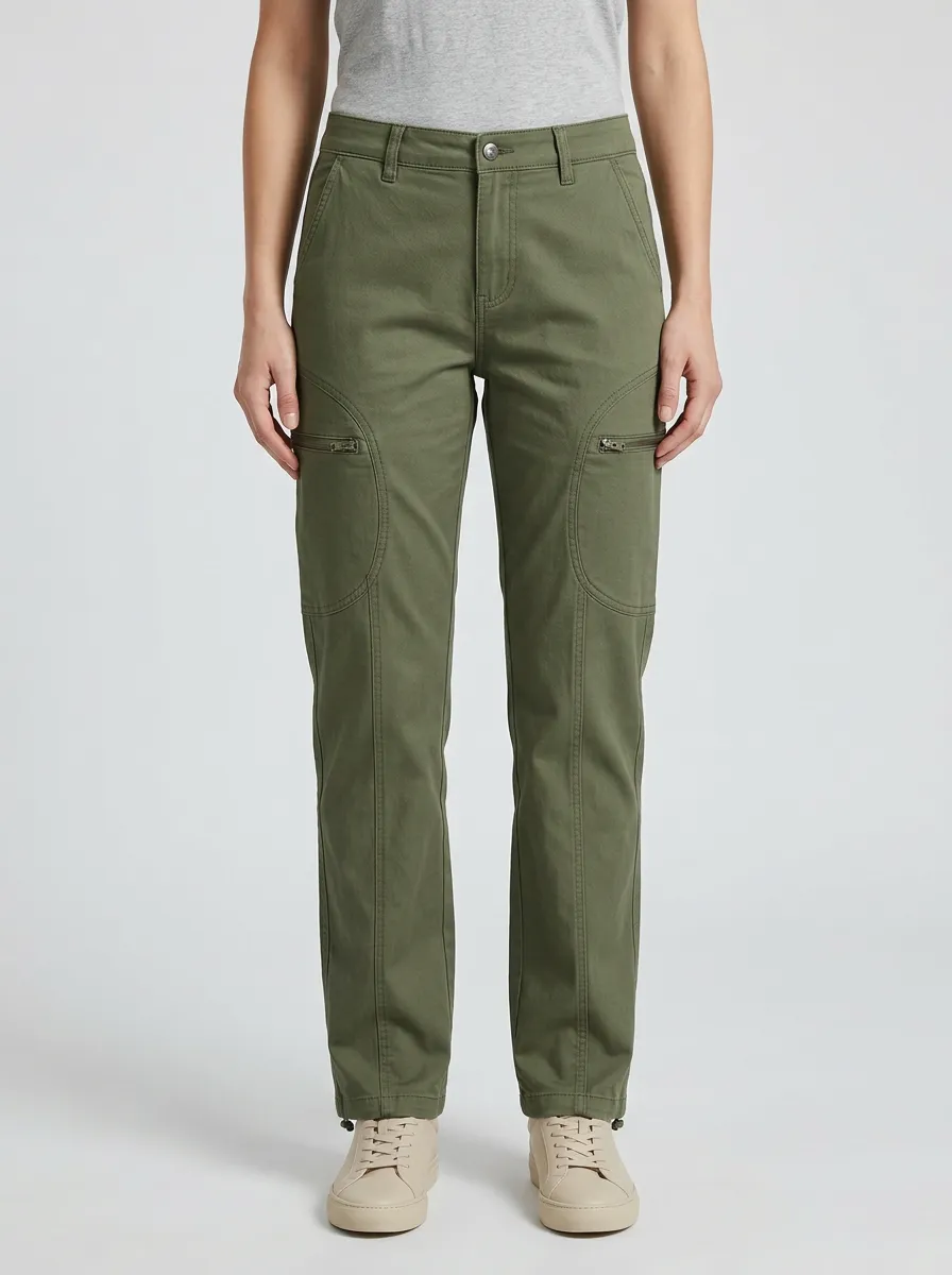 Women's Mid-Rise Horizontal Zip-Pocket Slant-Pocket Straight-Leg Cargo Pants