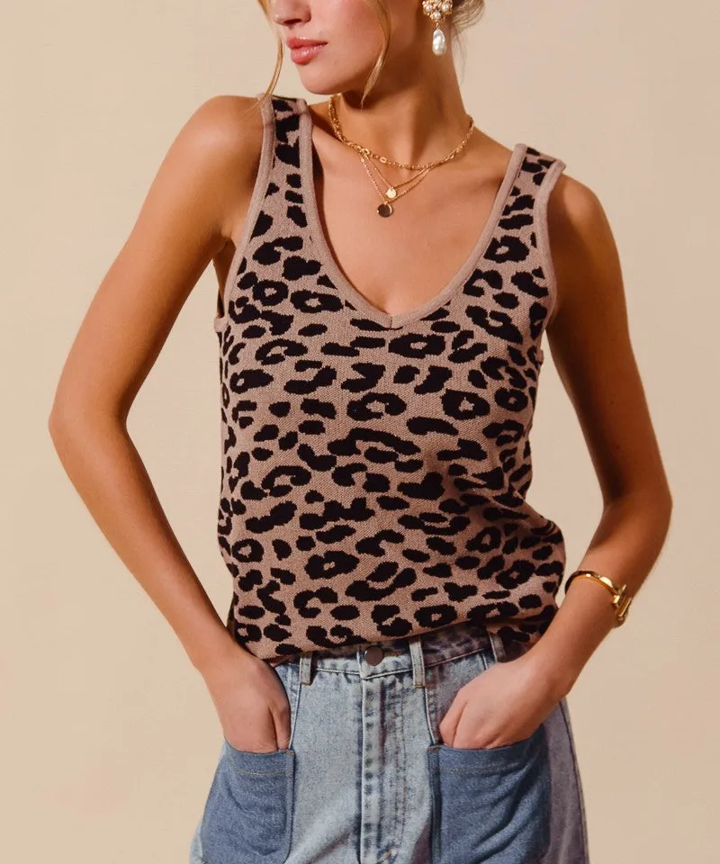 V-Neck Knit Leopard-Print Tank Top