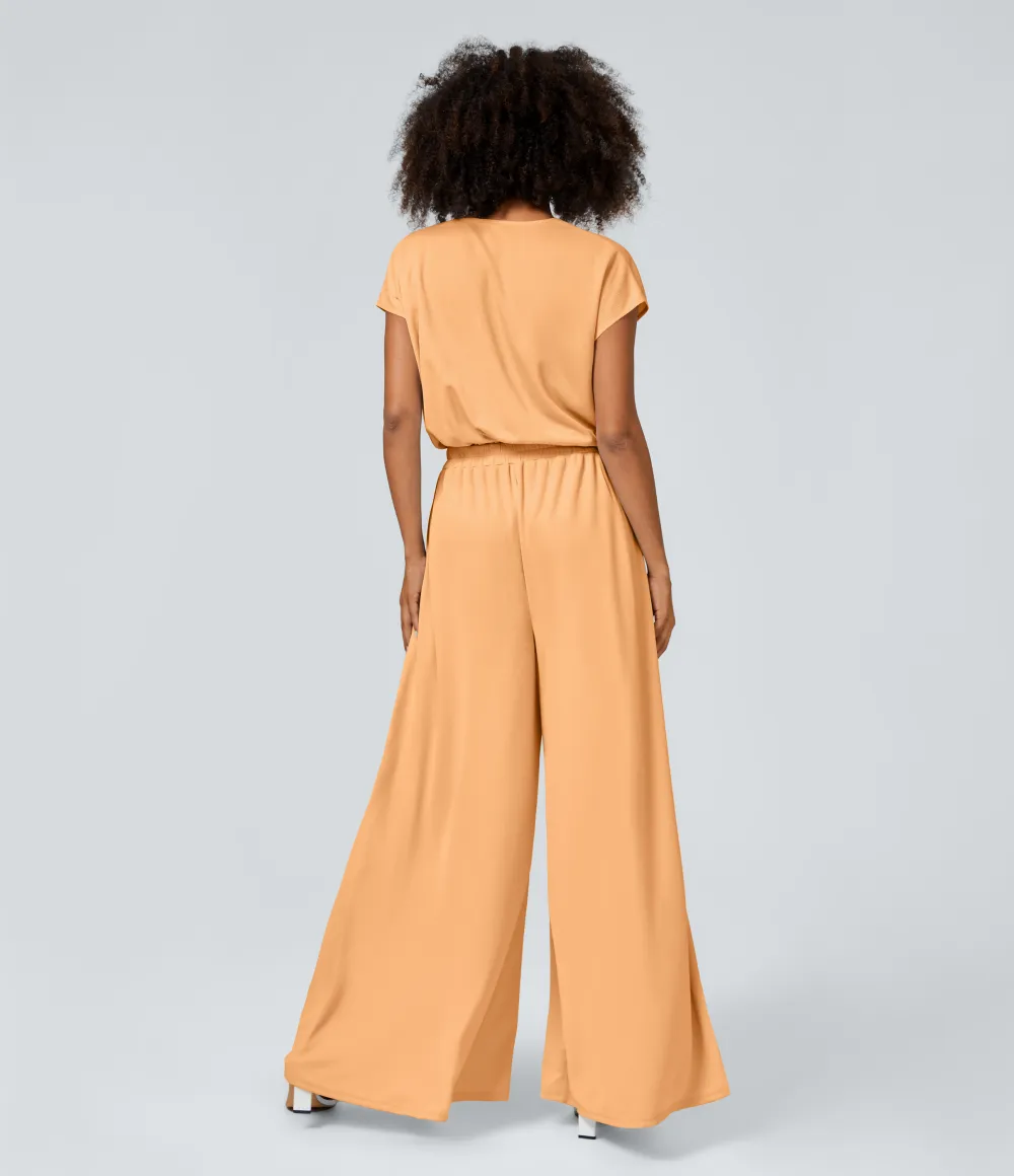 V Neck Short Sleeve Side Pocket Wide Leg Flowy Waffle Casual Jumpsuit