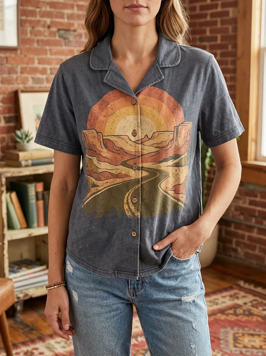 Women's Retro Desert Road Sunset Printed Button-Up Shirt