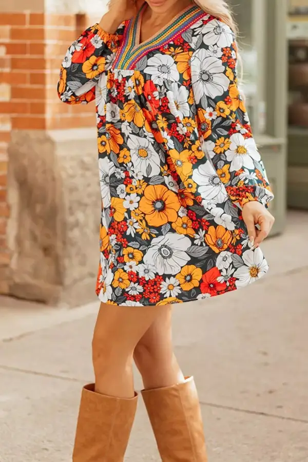 V Neck Floral Mini Dress