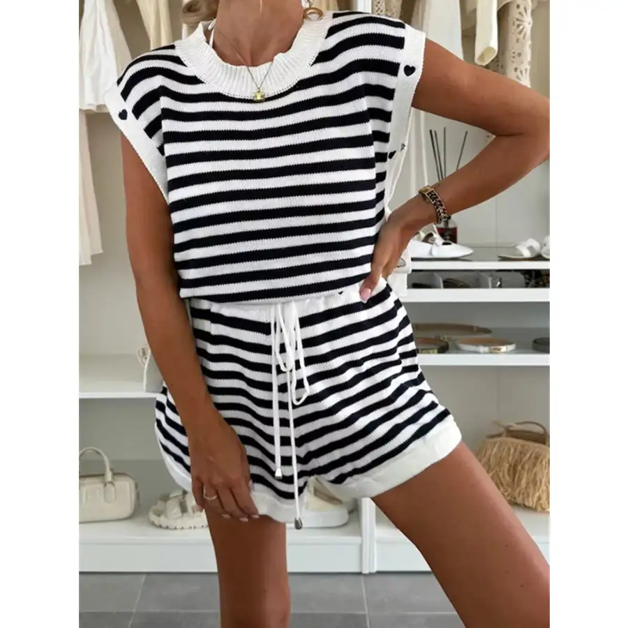 Relaxed Striped Round Neck Top and Shorts Set