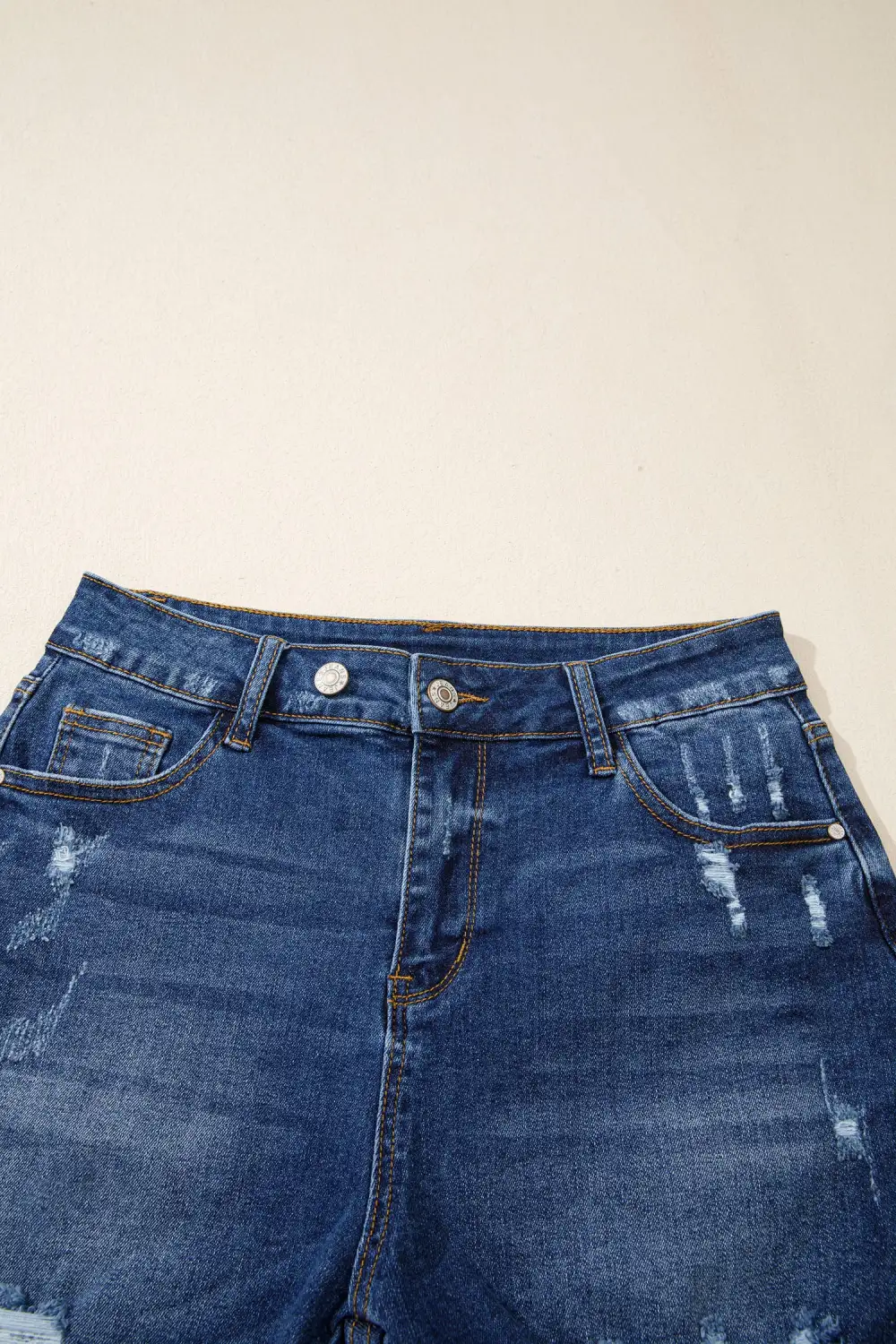 Refined High-Waist Raw-Hem Distressed Cotton Denim Shorts