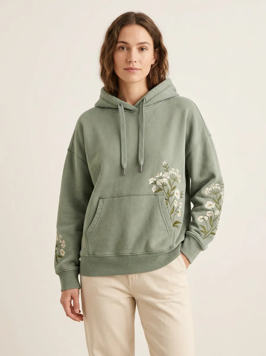 Women's Botanical Wildflower Embroidered Graphic Nature Inspired Relaxed Hoodie