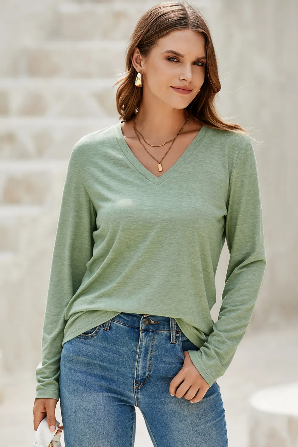 Grass Green V Neck Long Sleeve Top