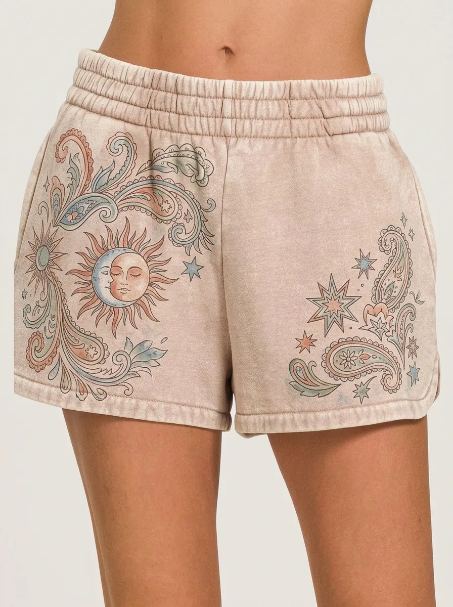Women's Boho Celestial Sun Moon Paisley Printed Shorts