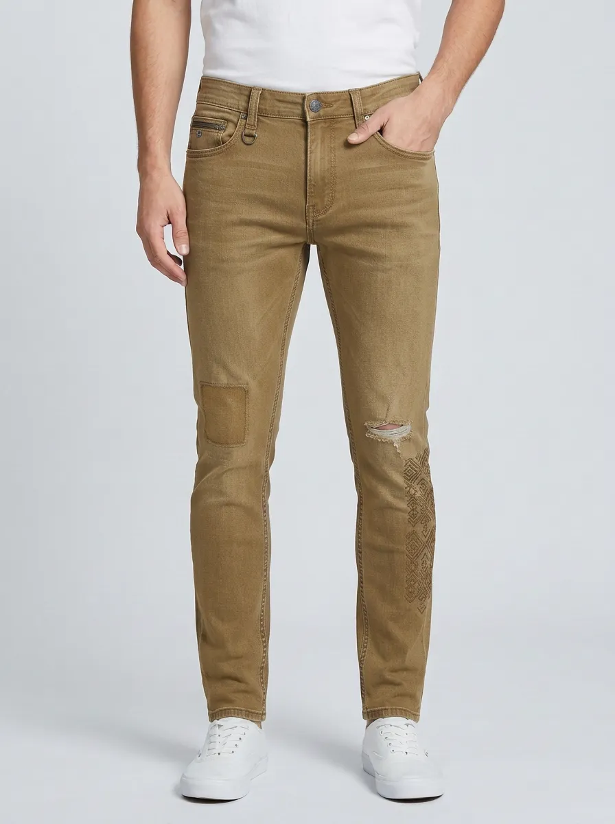 Men's Distressed Geometric Pattern Printed Slim-Fit Jeans