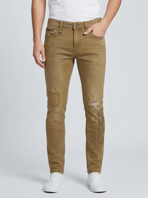 Men's Distressed Geometric Pattern Printed Slim-Fit Jeans