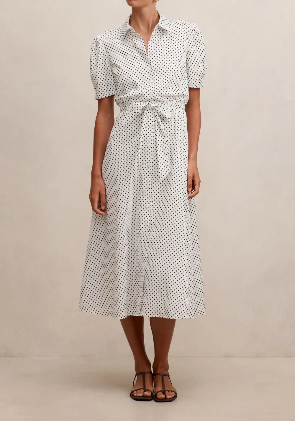 White Black Dot Print Short Sleeve Tie Waist Midi Dress