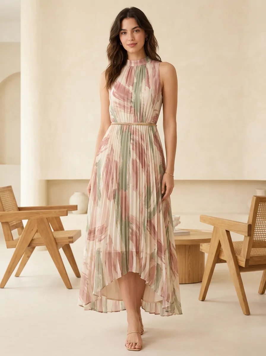 Women's Abstract Brushstroke Pleated Printed Sleeveless Dress