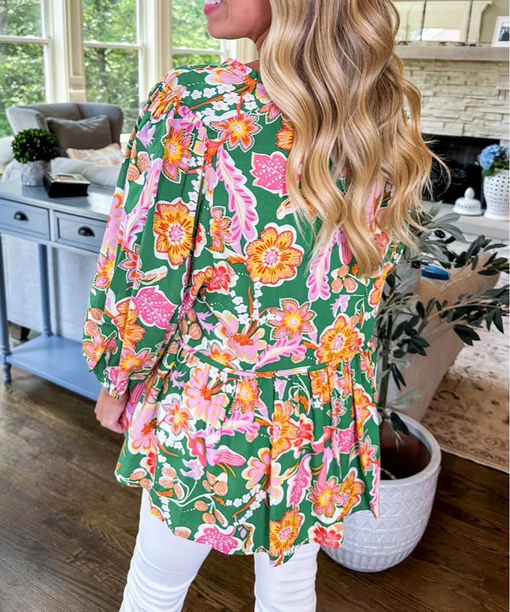 Green Floral Puff Sleeve V Neck Peplum Blouse
