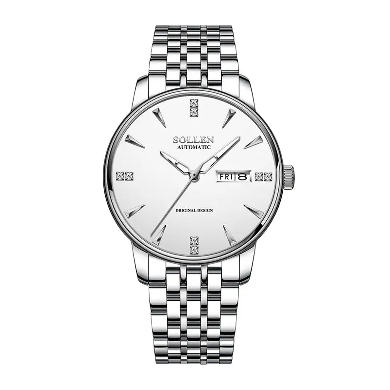Sollen 9052 Automatic Watch - Men's Dress 8 Crystal Accent 8 Faceted Marker 7-Bead Stainless Steel Bracelet Wristwatch