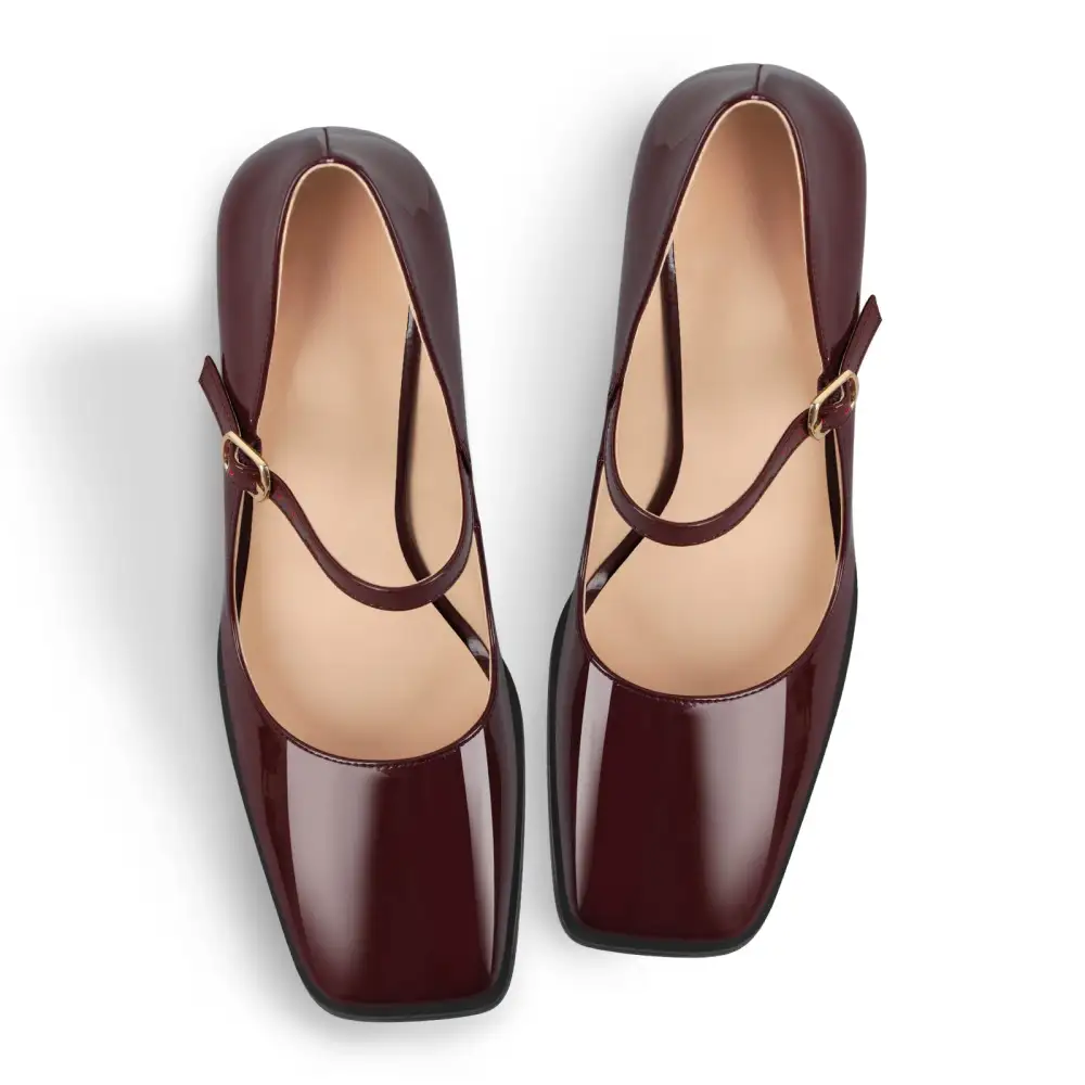 Patent Finish Square Toe Chunky Heel Pumps
