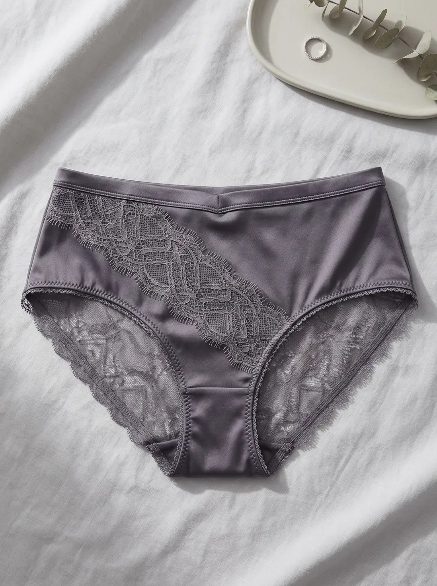 Women's Elegant Grey Lace Trimmed Mid-Waist Briefs