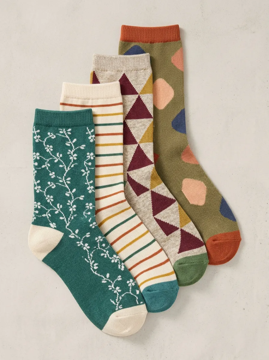 Geometric Floral Striped Vintage Four-Pair Casual Socks