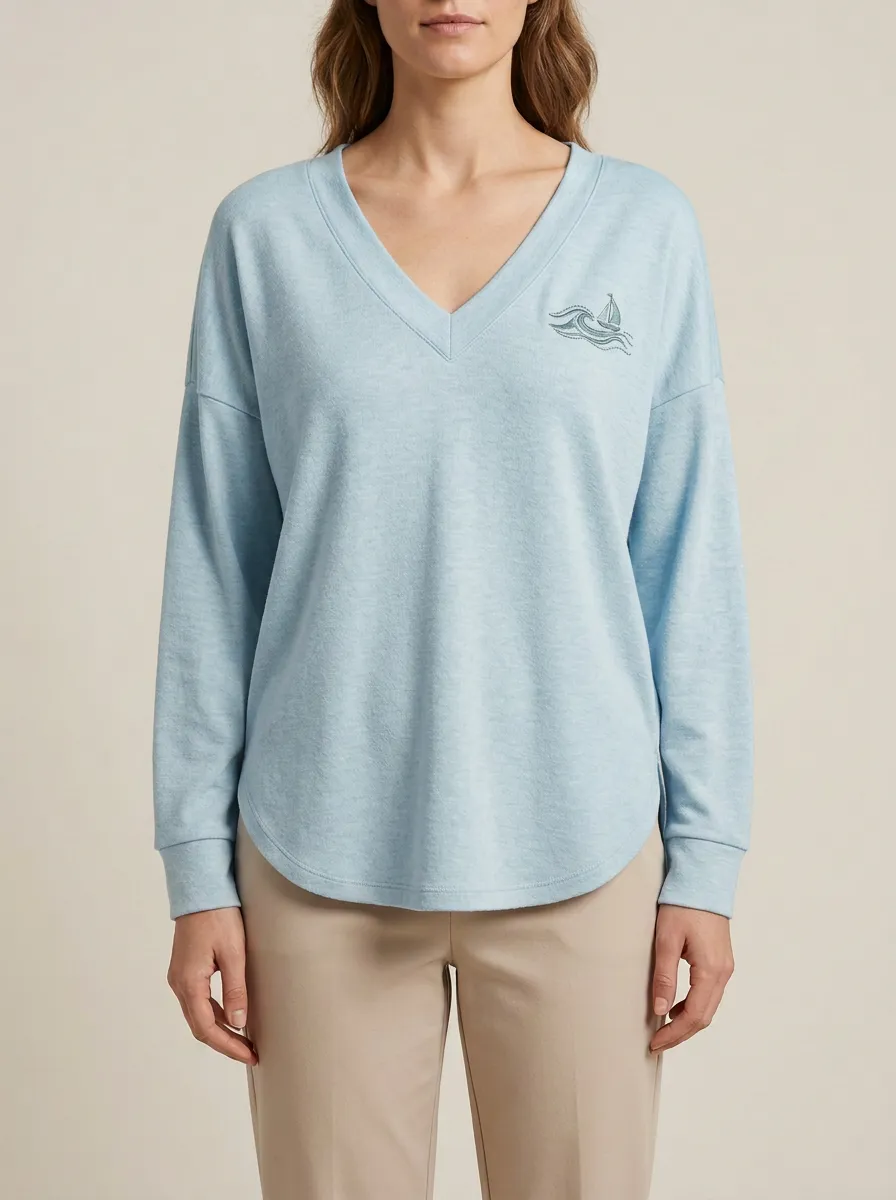 Women's V-Neck Embroidered Long-Sleeve Top