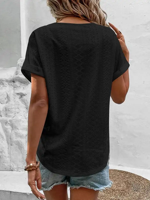 Relaxed Short Sleeve Cutout Panel Detail V-Neck T-Shirt