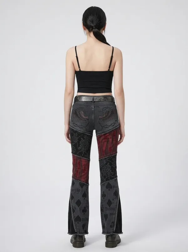 Dark Skull Rose Wing Alternative Look Women's Gothic Flare Pants