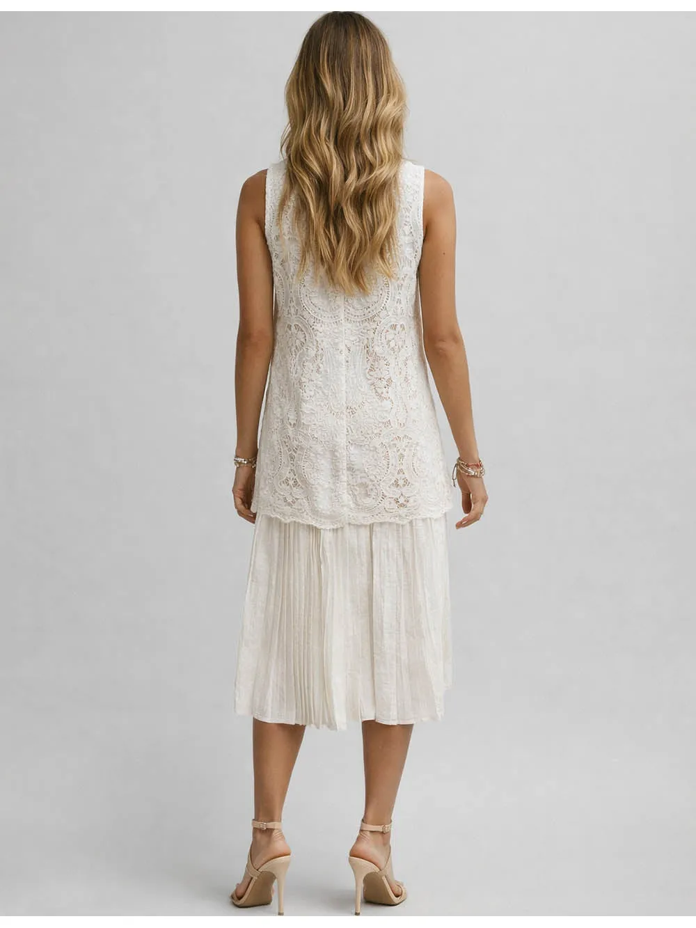 Embroidery Hollow Out Round Neck Sleeveless Midi Dress