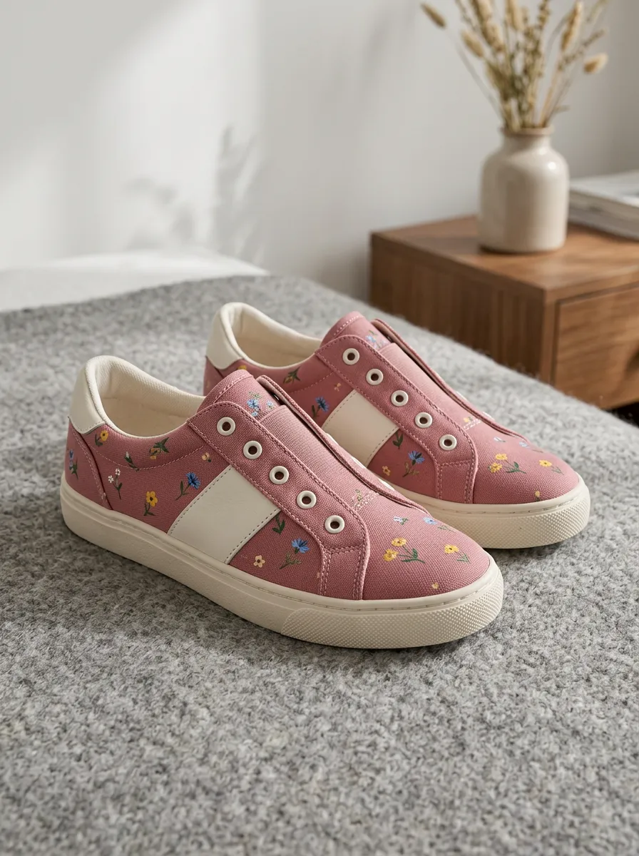 Women's Floral Pattern Pink Canvas Printed Sneakers