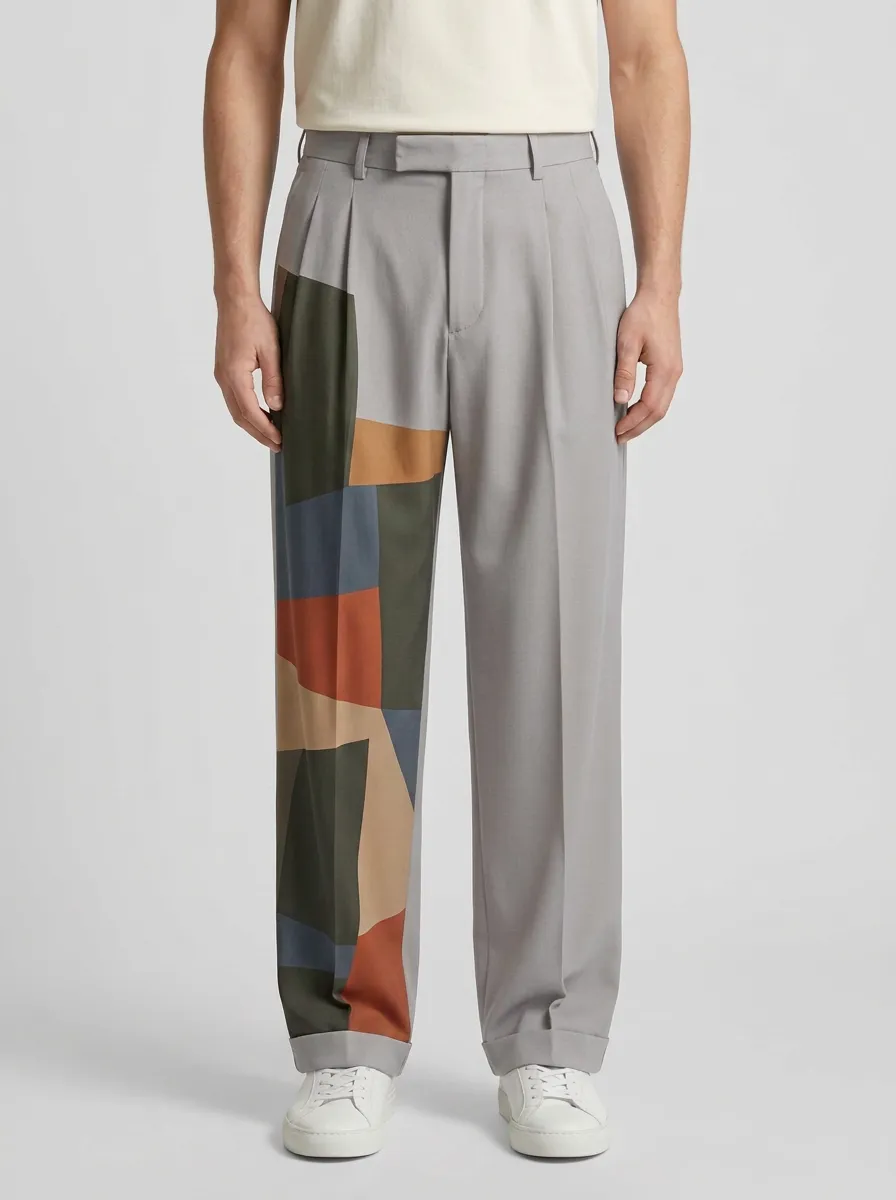 Men's Abstract Geometric Colorblock Printed Wide Leg Pants