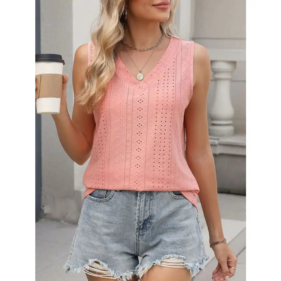 V Neck Eyelet Knit Camisole Tank Top