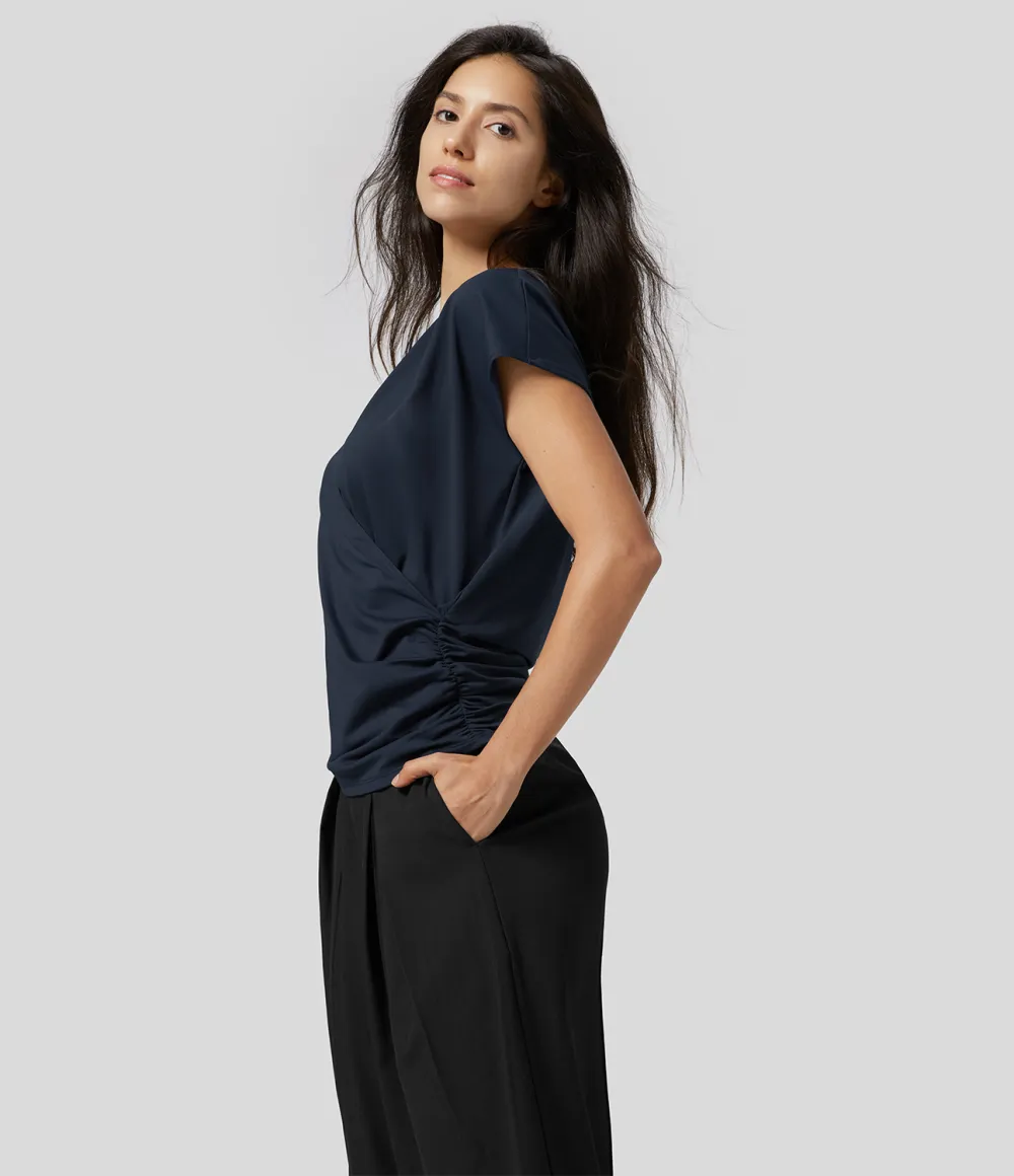 V Neck Cap Sleeve Crossover Ruched Solid Work Blouse