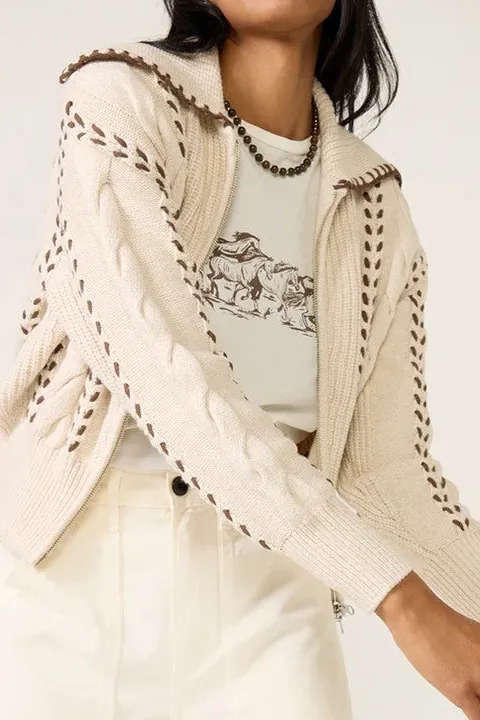 Women's Beige Zip Front Knit Sweater