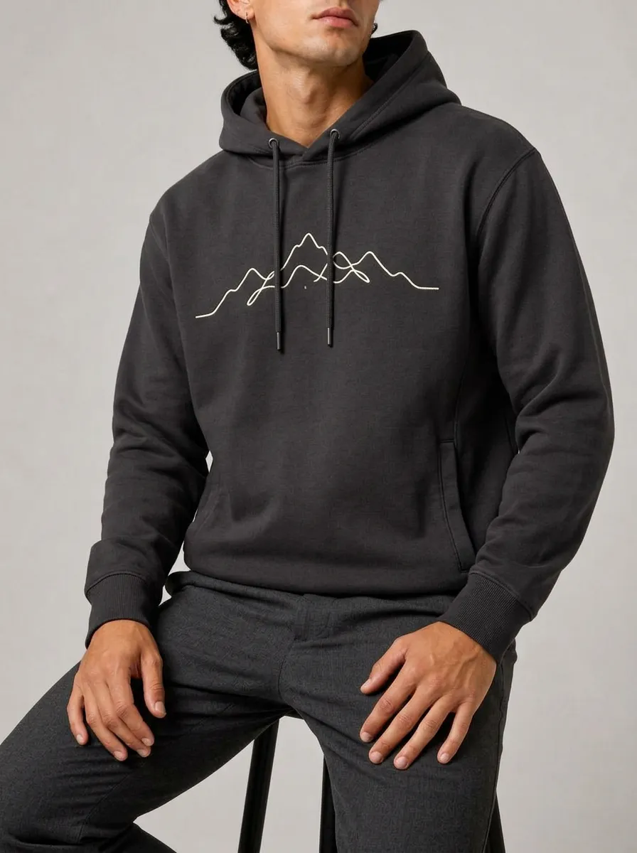 Men's Mountain Line Art Graphic Pullover Ribbed-Cuff Metal-Aglet Drawcord Kangaroo-Pocket Hoodie