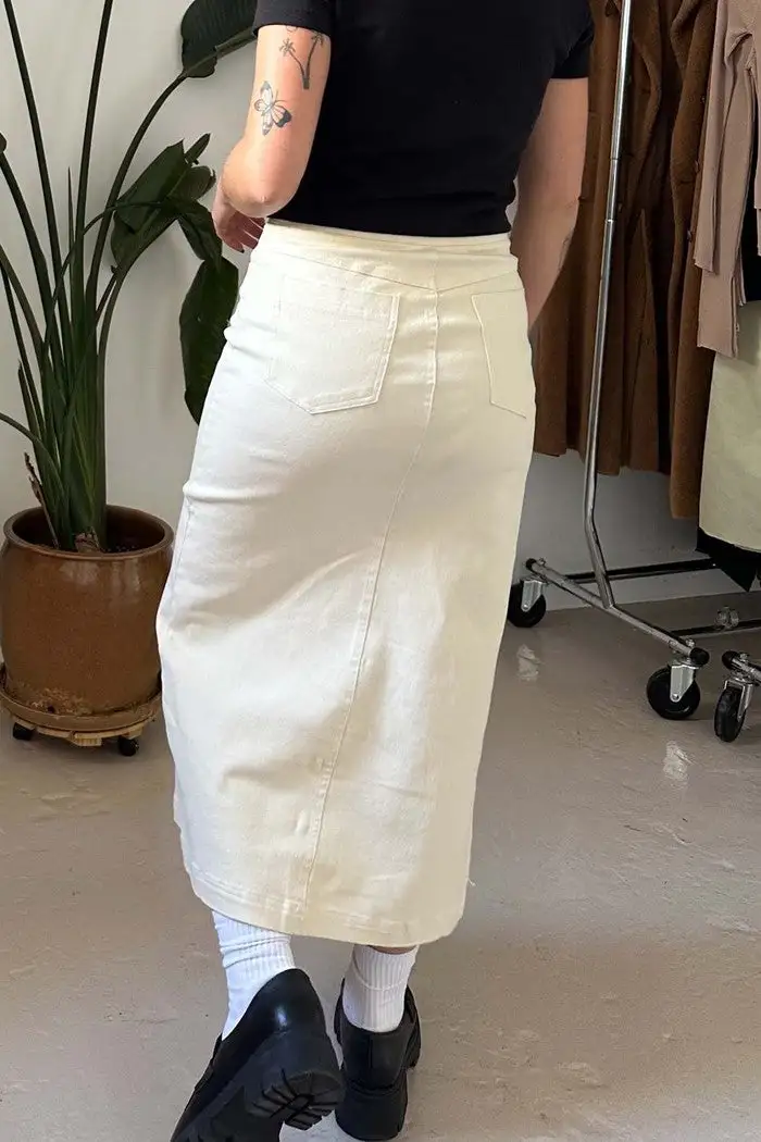 White Denim Front Slit Midi Skirt
