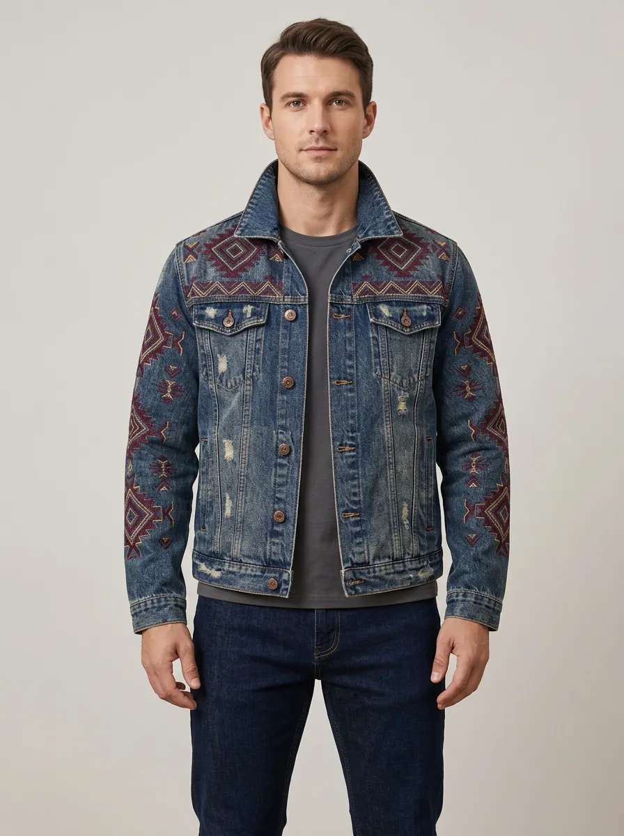 Men's Geometric Aztec Printed Distressed Denim Jacket