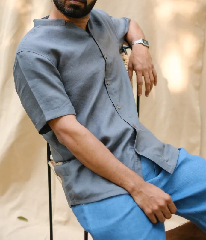 Slate Gray Relaxed Linen V-Neck Shirt