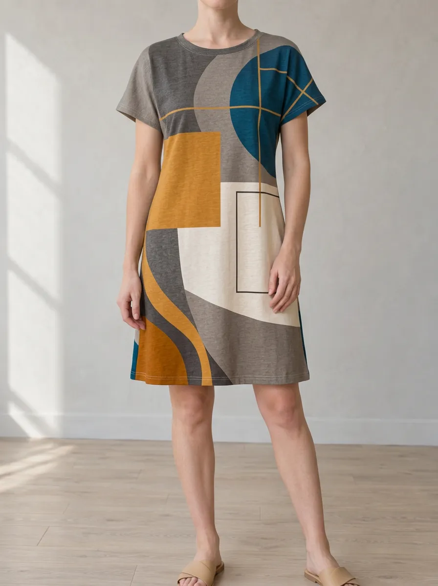 Women's Crew Neck Short Sleeve Geometric Print Shift Dress