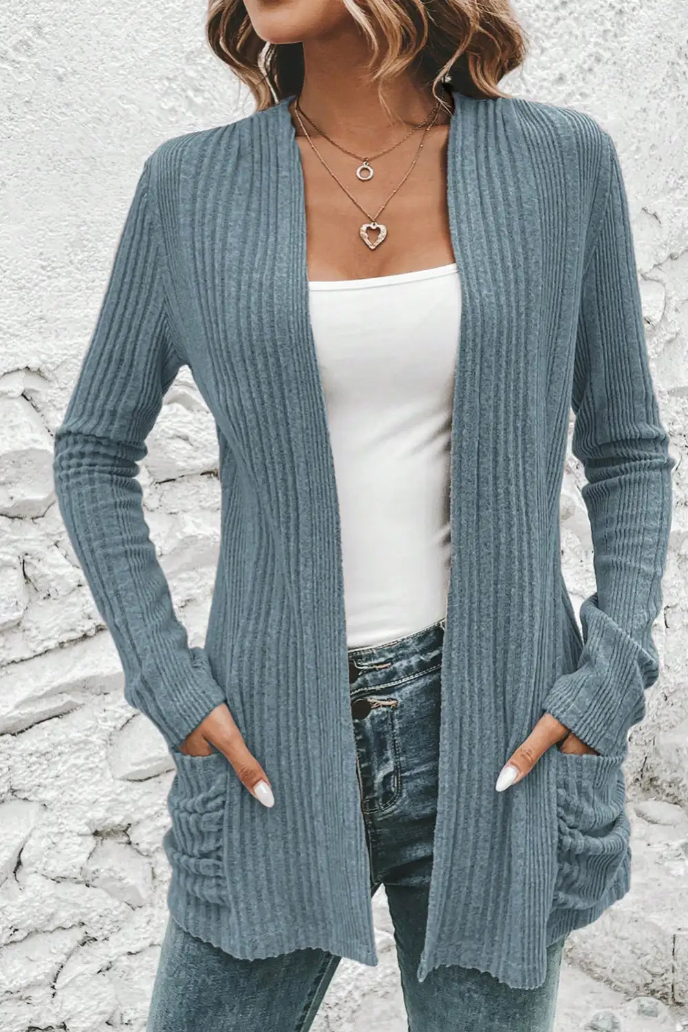 Ribbed Pocketed Open Front Cardigan