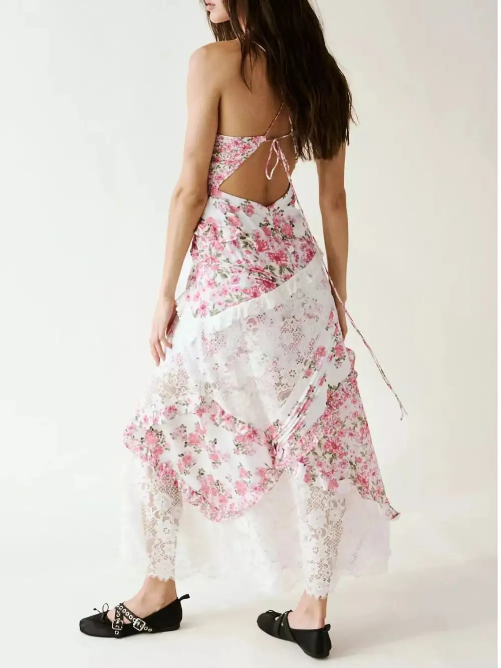 Lace Floral Print Ruffle Trim Maxi Dress