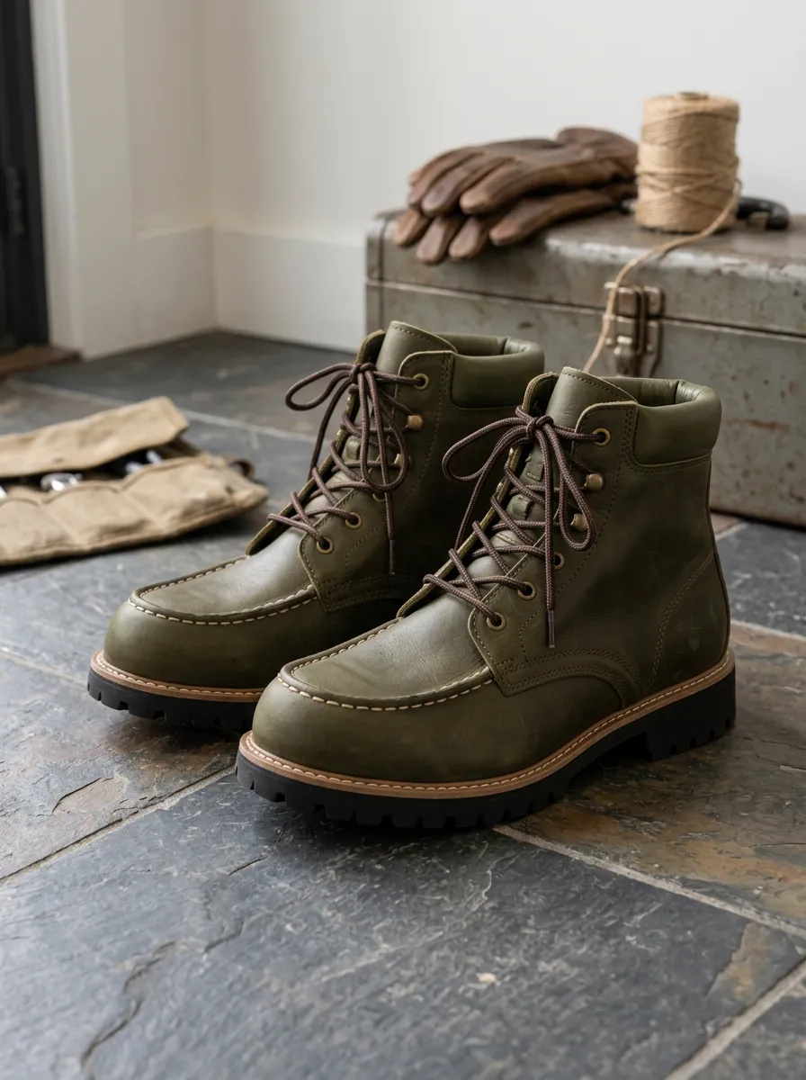 Unisex Outdoor Hiking Olive Green Leather Lace-up Boots