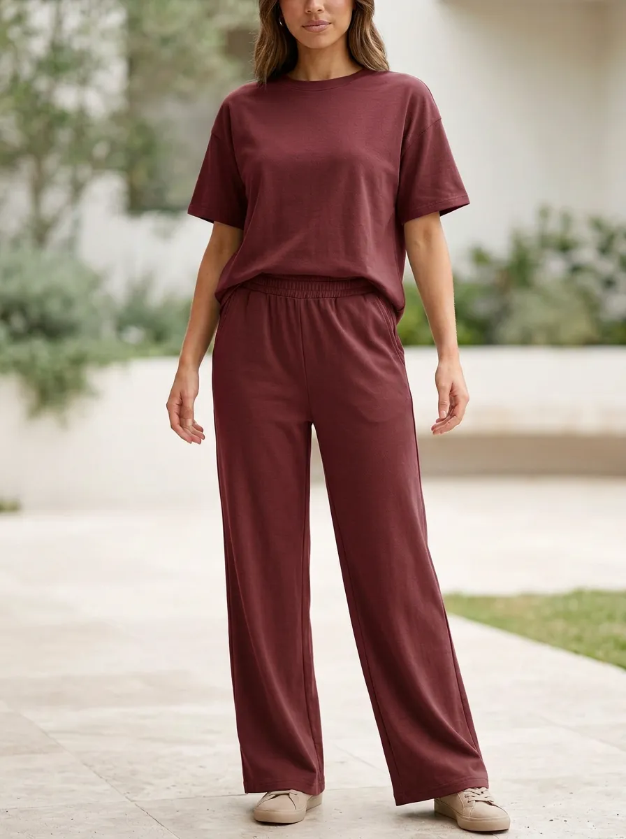 Women's Minimal Crewneck Top And Pull-On Wide-Leg Trouser Two-Piece Set