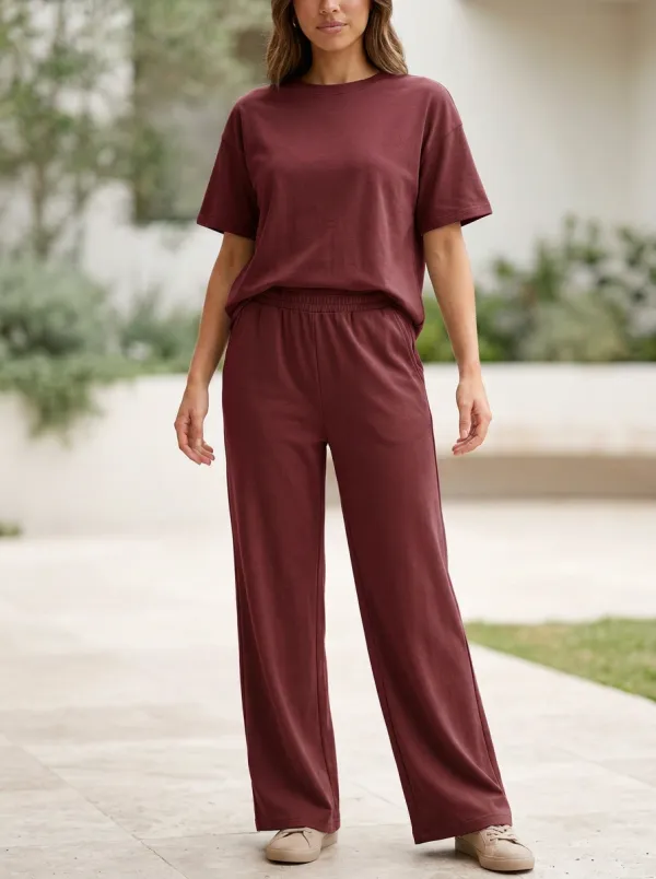Women's Minimal Crewneck Top And Pull-On Wide-Leg Trouser Two-Piece Set